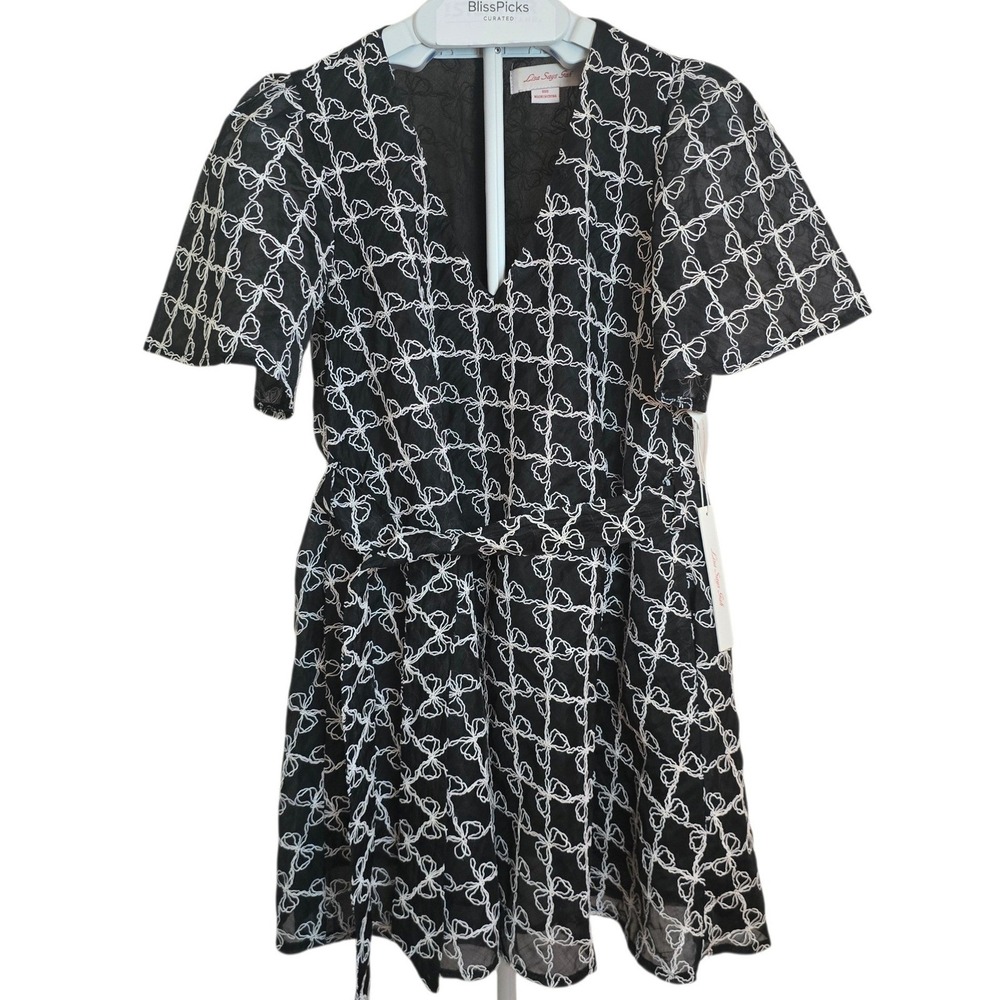 Lisa Says Gah Olivia Bow Mini Dress Women Embroidered Black White Short Sleeve - Picture 3 of 12
